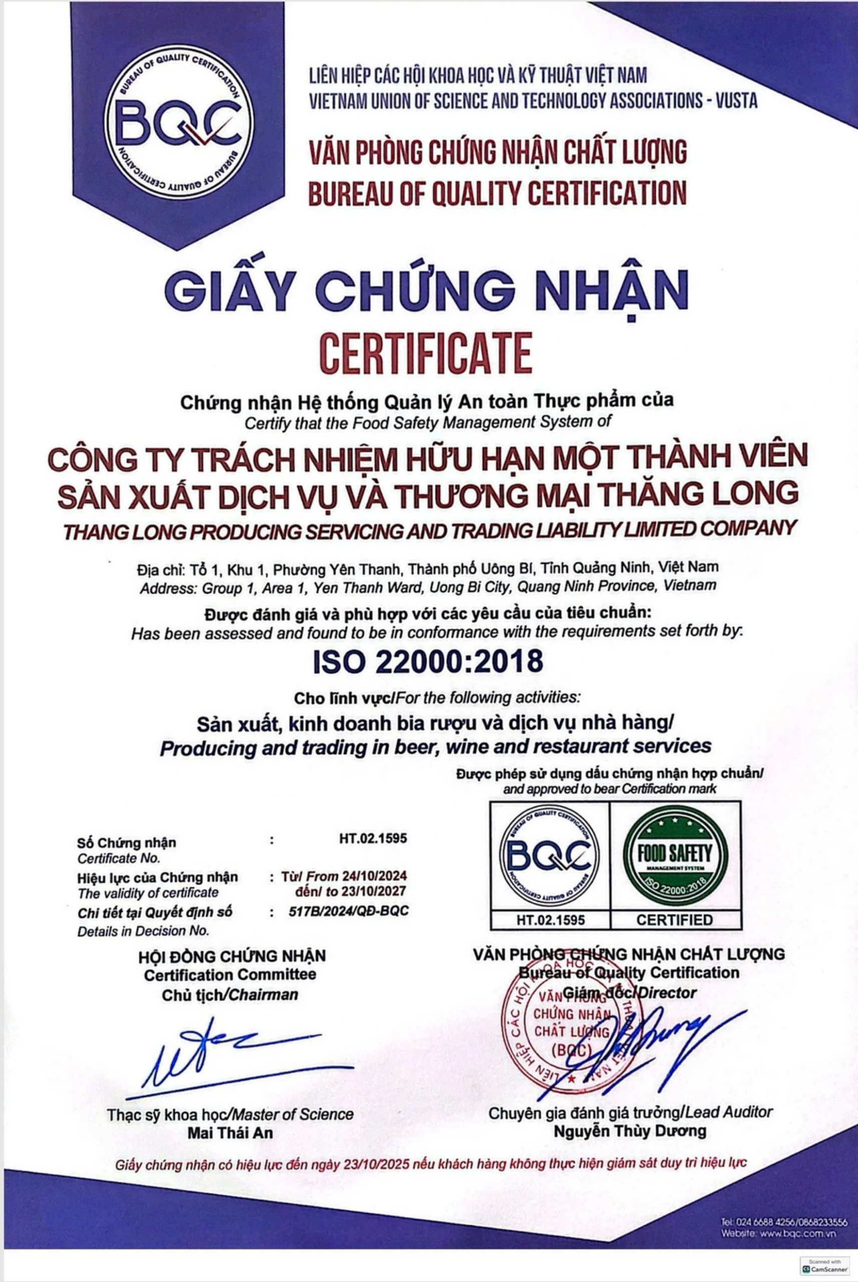Giấy Chứng Nhận ISO 22000:2018
