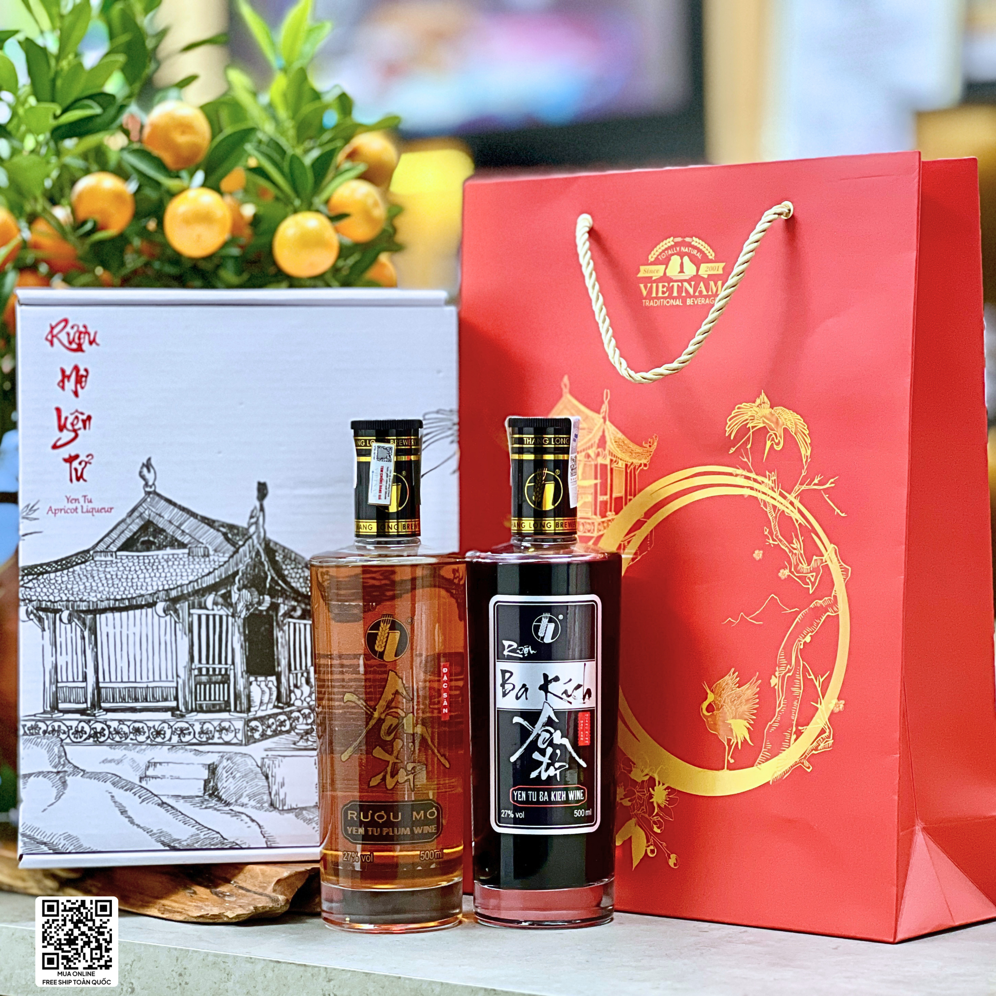 Combo giao thoa 1 chai Rượu Mơ và 1 chai Rượu Ba Kích Yên Tử 500ml kèm hộp túi quà tặng