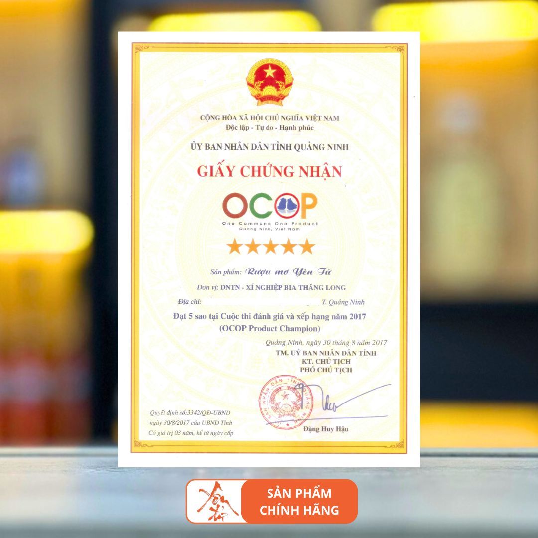 Rượu mơ OCOP Yên Tử đạt chuẩn 5 sao Quốc gia Giay chung nhan Ruou mo OCOP Yen Tu Quang Ninh 5 sao chinh hang