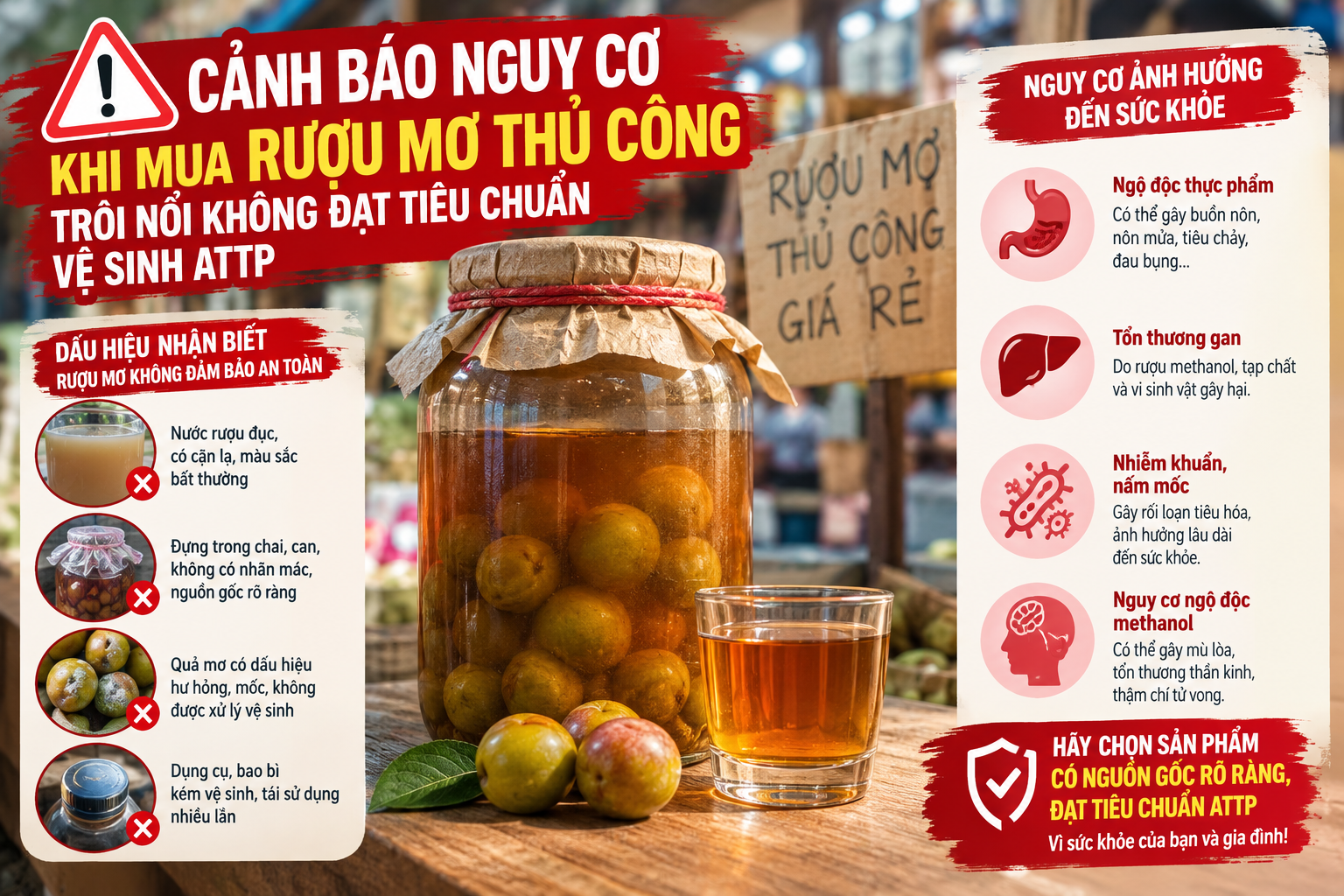 Cảnh Báo Nguy Cơ Khi Mua Rượu Mơ Gắn Mác Thủ Công Trôi Nổi Không Đạt Tiêu Chuẩn Vệ Sinh ATTP