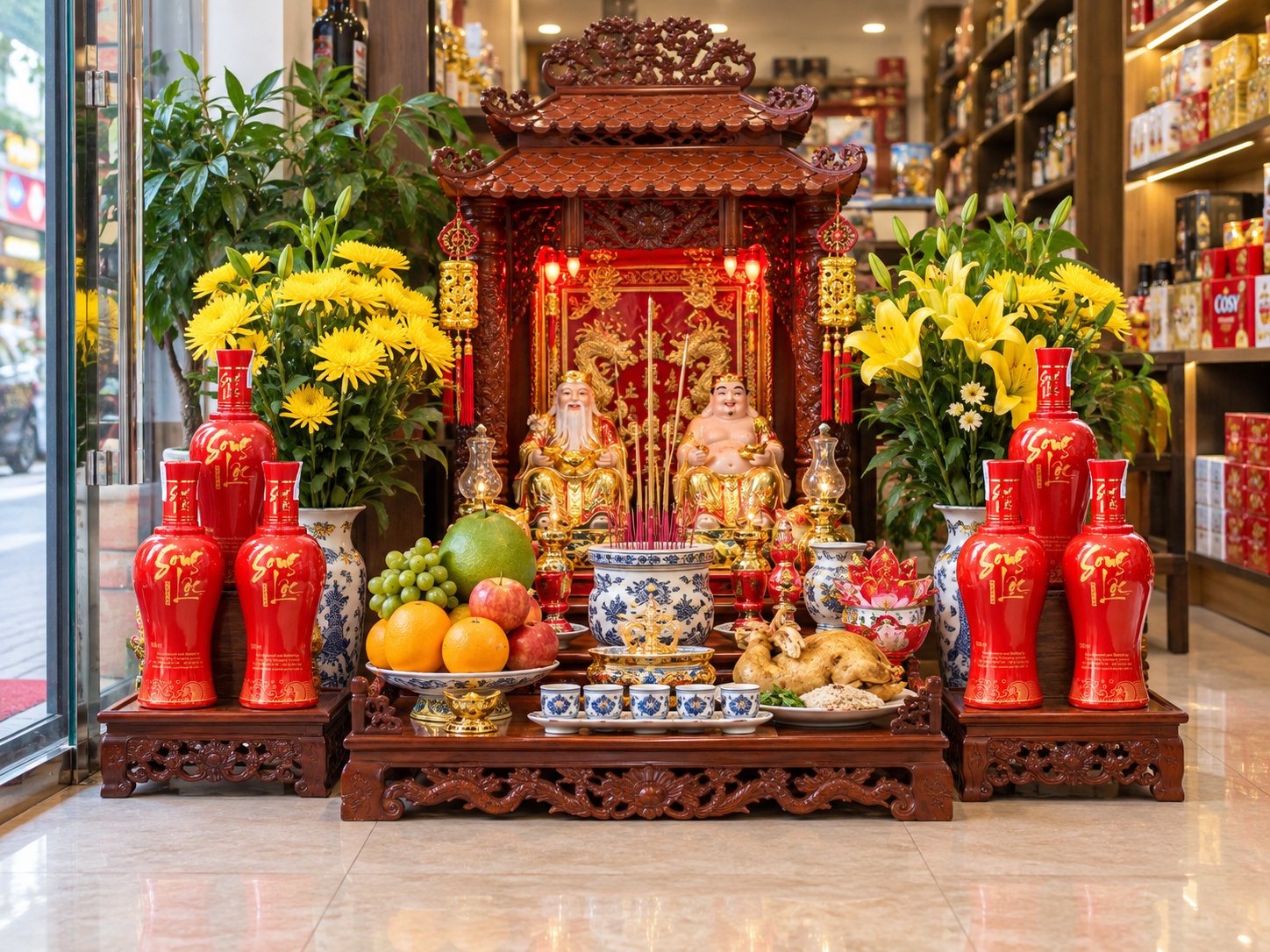 Bày tháp rượu Yên Tử ban Thần Tài: Khách vào nườm nượp, tiền lẻ đầy nong, tiền chẵn đầy két.