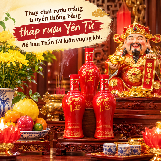 Thay chai rượu trắng truyền thống bằng tháp rượu Yên Tử để ban Thần Tài luôn vượng khí.
